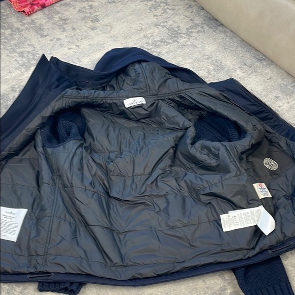 New Stone Island Logo Appliqued Wool Blend Hooded Jacket Blue Knit Sleeve Sz M - Picture 8 of 16